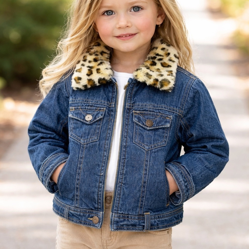 Wonderkids Girl’s Denim Jacket with Leopard Faux Fur Collar.